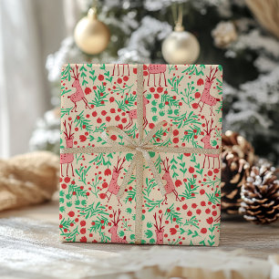 Skurrige rosa Rentiere und Winterlaubmuster Geschenkpapier