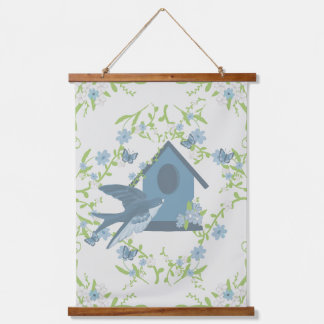 Skurril Blau und Grün Blumig Vogel Cottagecore Wandteppich Mit Holzrahmen