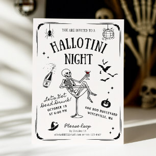 Skurril handgeschriebene Skelett-Martini-Halloween Einladung
