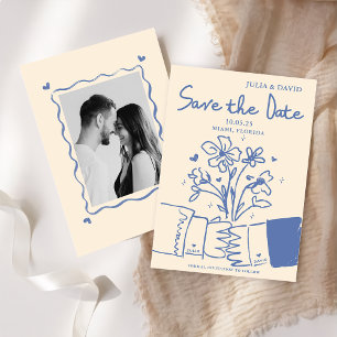 Skurril handgezeichnete blaue florale Hochzeit Save The Date