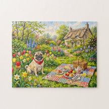Skurril illustrierte Pug im Cottage-Garten-Picknic