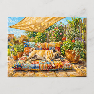 Skurril illustrierte Sommerterrasse mit Mops Postkarte