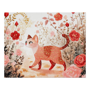 Skurril. Katze in einem Rosengarten. Poster