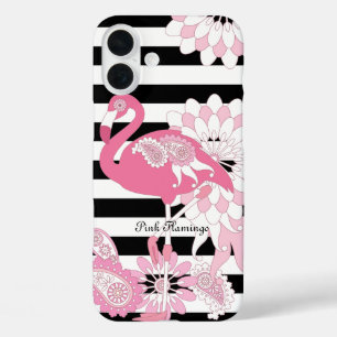 Skurril Rosa Flamingo Schwarz-Weiß-Gestreift iPhone 16 Plus Hülle
