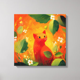 Skurril Roter Katz Blumen Garten Leinwanddruck