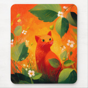 Skurril Roter Katz Blumen Garten Mousepad