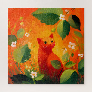 Skurril Roter Katz Blumen Garten Puzzle