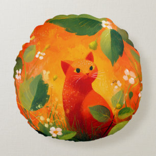 Skurril Roter Katz Blumen Garten Rundes Kissen