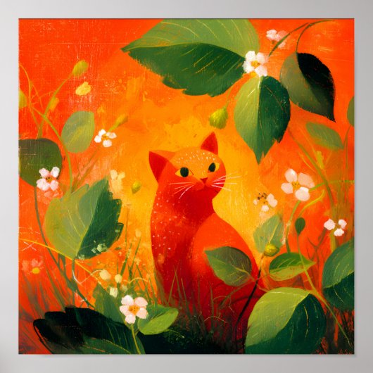 Skurril Roter Katz Wildblumengarten Poster (Vorne)