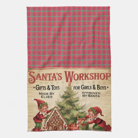 Skurril Santas Werkstatt im Vintage-Stil Geschirrtuch (Vertikal)