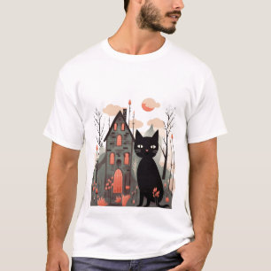 Skurril Schwarze Katze Spukhaus T-Shirt