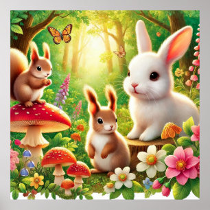 Skurril-waldszene mit Kaninchen, Eichhörnchen Poster