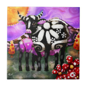 Skurrile abstrakte Mutter- und Babykuh-Funky-Farm Fliese
