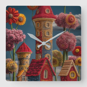 Skurrile Blumen-Fantasie-Dorf-Wanduhr Quadratische Wanduhr