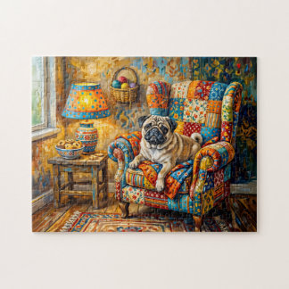 Skurrile Cottage-Mops-Hund-Sessel-Illustration Puzzle