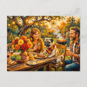 Skurrile Familien-BBQ-Terrassen-Mops-Illustration Postkarte