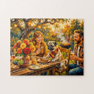 Skurrile Familien-BBQ-Terrassen-Mops-Illustration Puzzle