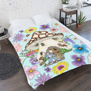 Skurrile Fantasie-Maus-Pilzhaus-Blume Blau Fleecedecke