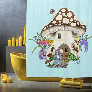 Skurrile Fantasie-Maus-Pilzhaus-Blumenblau Duschvorhang