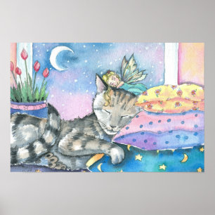 Skurrile Fee und getigerte Katze Kunstposter Poster