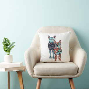 Skurrile Französische Bulldoggen-Folk-Art-Doodle-Q Kissen