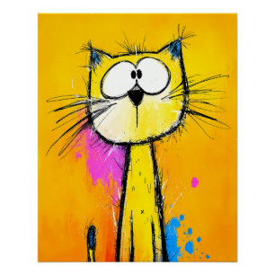 Skurrile, gelbe Katze mit große Augen - Comic Stil Poster