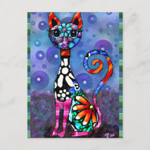 Skurrile großäugige funky abstrakte Kitty-Katze Postkarte