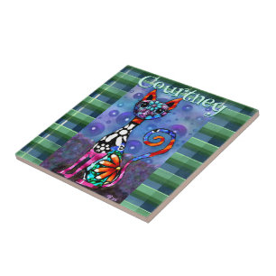 Skurrile großäugige funky Kitty-Katze personalisie Fliese