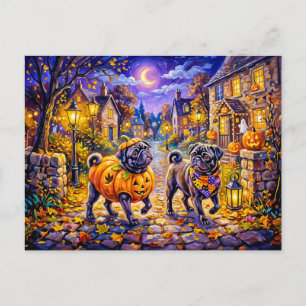 Skurrile Halloween-Kostüm-Mops-Illustration Postkarte