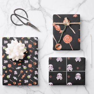 Skurrile Halloween-Süßigkeiten und Totenschädel Geschenkpapier Set