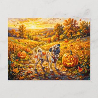Skurrile Herbst-Kürbisweg-Mops-Illustration Postkarte