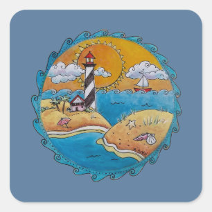 Skurrile Leuchtturm-Strandszene - Küsten-Folk-Art Quadratischer Aufkleber