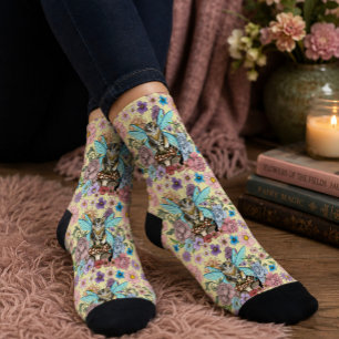 Skurrile Pastell-Tabby-Fee-Katze Blumen-Fantasie Socken