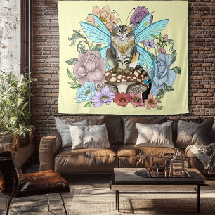 Skurrile Pastell-Tabby-Fee-Katze Blumen-Fantasie Wandteppich