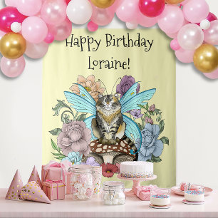 Skurrile Pastell-Tabby-Fee-Katze Blumen-Fantasie Wandteppich