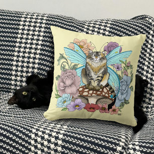 Skurrile Pastell-Tabby-Feeenkatze Blumen-Fantasie Kissen