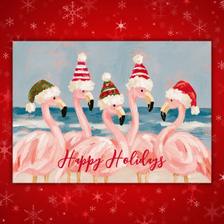 Skurrile rosa Flamingos in Weihnachtsmannmützen We Feiertagskarte