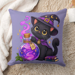 Skurrile schwarze Katzen-Potionshexe, süße magisch Kissen