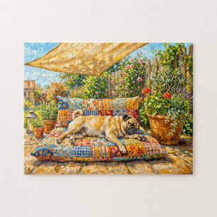 Skurrile Sommerterrasse-Mops-Illustration Puzzle