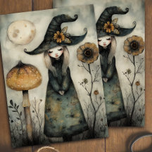 Skurrile Vintage-Blumen-Hexen-Halloween-Decoupage