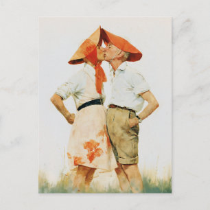 Skurrile Vintage-Paar-Kuss-Illustration Postkarte