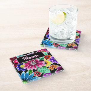 Skurrile Volkskunst-Blumen Florale Personalisiert Glasuntersetzer