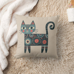 Skurrile Volkskunst Retro Boho Katze Beige Kissen