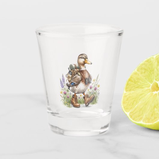 Skurrile Wandervogel-Enten-Illustration mit Rucksa Schnapsglas (Vorderseite)