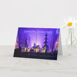 Skurrile Weihnachtsdorf in lila Ferienzeit Karte