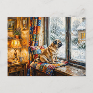 Skurrile Winter-Fensterbank-Mops-Illustration Postkarte