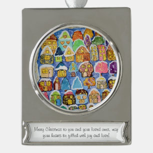 Skurrile Winterdorf-Volks kunst Banner-Ornament Silber