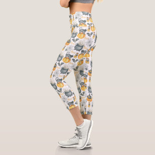 Skurriler Halloween-Kessel und Katzen-Muster Capri Leggings