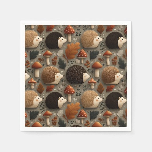 Skurriler Herbst-Igel- und Pilzmuster Serviette (Vorderseite)