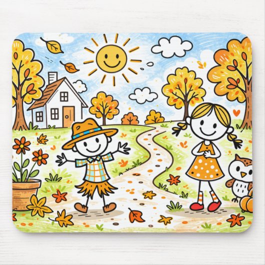 Skurriler Herbst Kinder und Eule Mousepad (Vorne)